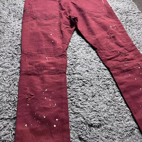 Square Zero Jeans Mens 36x33 Red Denim Distressed Biker Slim Paint Zipper Logo - Picture 11 of 16